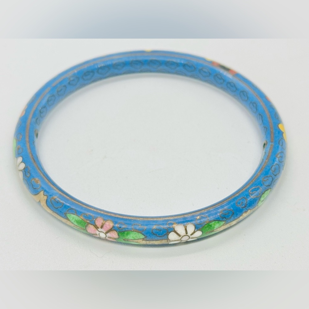 Vintage Blue Floral Cloisonne Bangle Bracelet Enamel Chinese Export Flower
